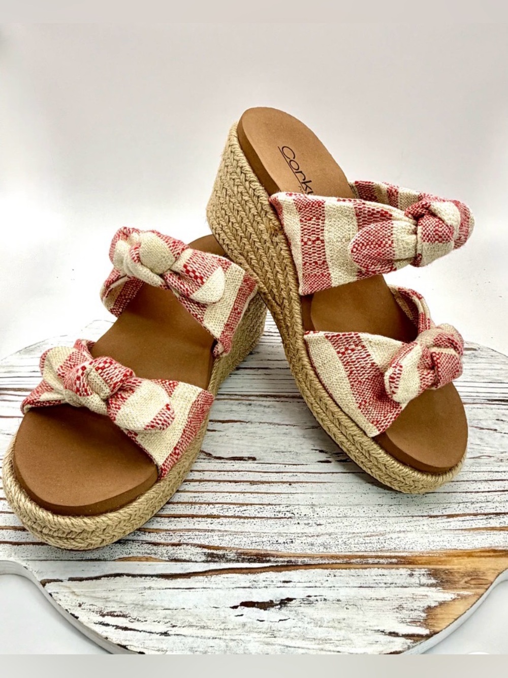 Tie The Knot Red Striped Wedge Sandal by Corkys